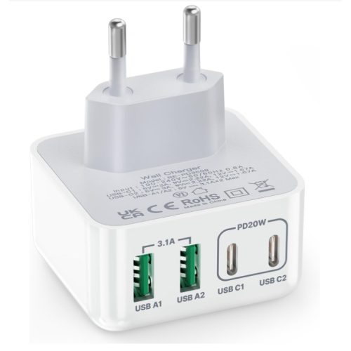 USB C Charger, 40 W 4 Ports Multiple Charger, Quick Charger PD 3.0 Power Adapter with USB-C USB-A USBC Power Supply for iPhone 15 14 Pro Max 13 12 11 Mini SE XS XR 8, iPad, Samsung, Mobile